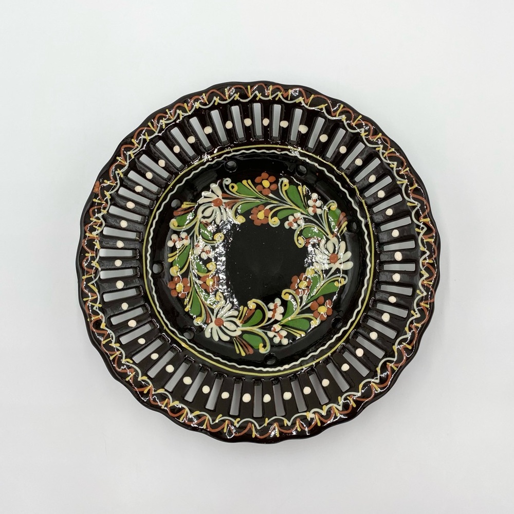 Hand Made 12” Floral Black/Green Bowl Wall Hanger Handpainted Wall Art. CHIP..